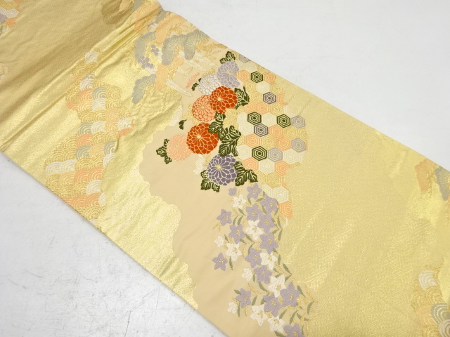 霞取りに菊・松・藤・桔梗模様織り出し袋帯